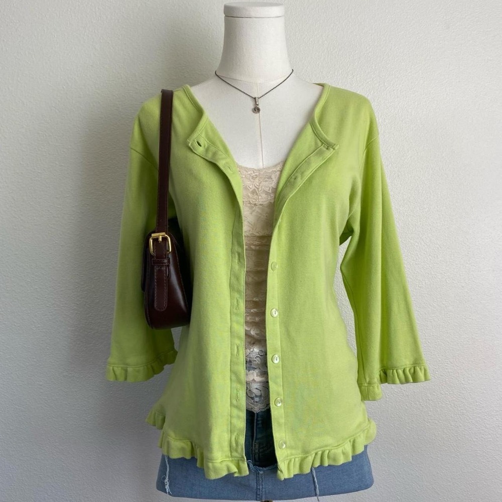 Vintage Elisabeth by Liz Claiborne Green Ruffle Hem Button Cardigan 3/4 Sleeve